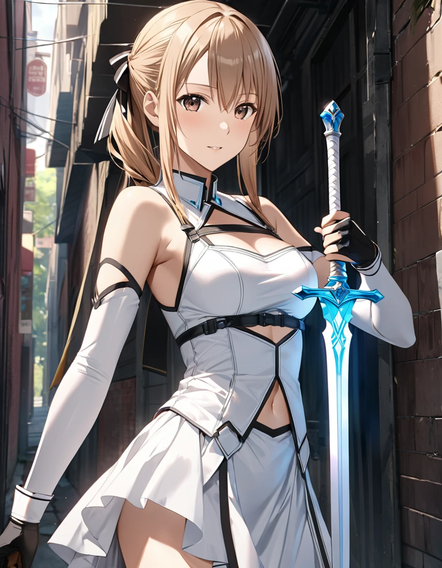 Highest quality, masterpiece, Ultra-high resolution, (Reality: 1.4), Original photo, 3d models & 3d anime, battlefield background, white skirt, blonde hair, female knight armor, white armor, White knight armor, long hair, bangs, white cloak, standing position, white underwear, white panties, skirt turned up, panty shots, blushing, glaring, medium length skirt, pounce pose, Blonde, ponytail, White knight armor, White Skirt, White Cape, White underwear, White panties, Skirt flipped up, Panty shot, blush, Glaring
