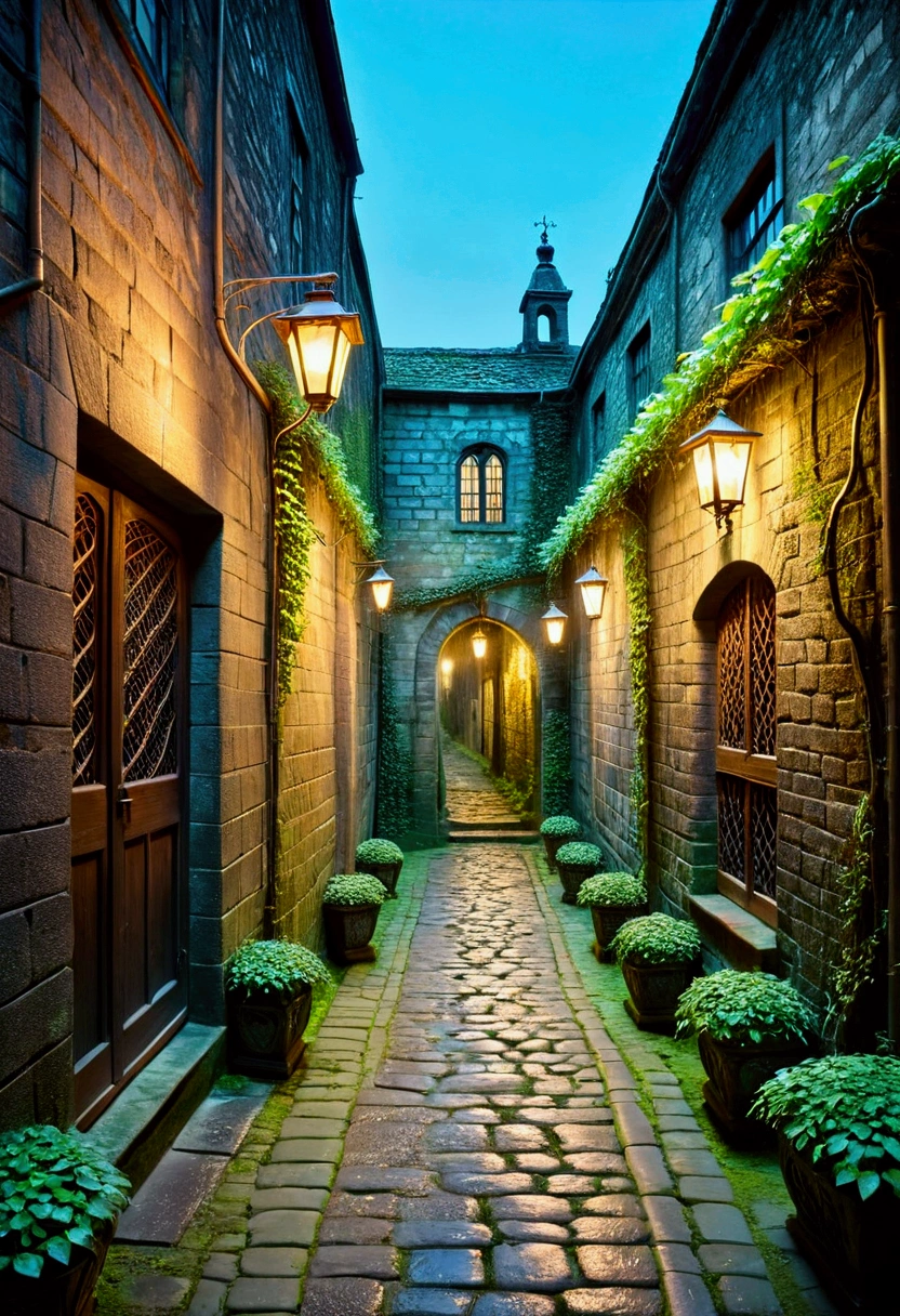 A mystical narrow alleyway, dimly lit with a soft, otherworldly glow. The alley is lined with ancient cobblestone, damp from a recent rain, reflecting subtle lights. On either side, there are old, slightly worn brick walls covered in patches of ivy and moss, with small, intricately designed lanterns hanging at irregular intervals. A faint mist hovers close to the ground, giving the path an ethereal and enchanted feel. The atmosphere is quiet, with shadows dancing along the walls, as if hiding secrets. A soft blue and green hue creates a magical, mysterious ambiance, inviting the viewer to explore further.

