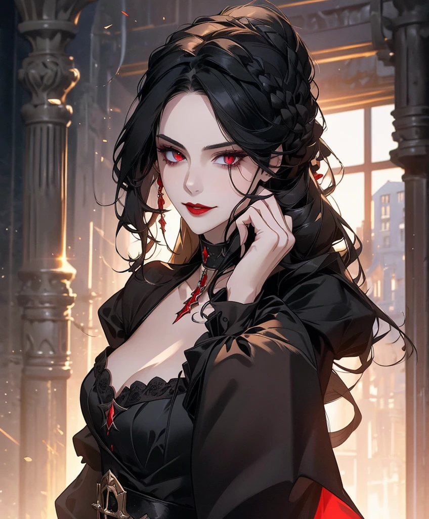 Realistic Portrait, Elegant mature woman, masterpiece, best quality, 1girl, Serana, red eyes, detailed eyes, perfect eyes, black hair, long hair, gothic black dress, red sleeves, cleavage cutout, black choker with ruby decoration, front view of the face, looking at viewer, portrait, glaring, red lips, parted lips, seductive smile, cheerful expression, hands down, shot from below, indoors, castle, front view, only upper body, up to waist, soft light, high detail, 4k resolution, high quality, beautiful CG