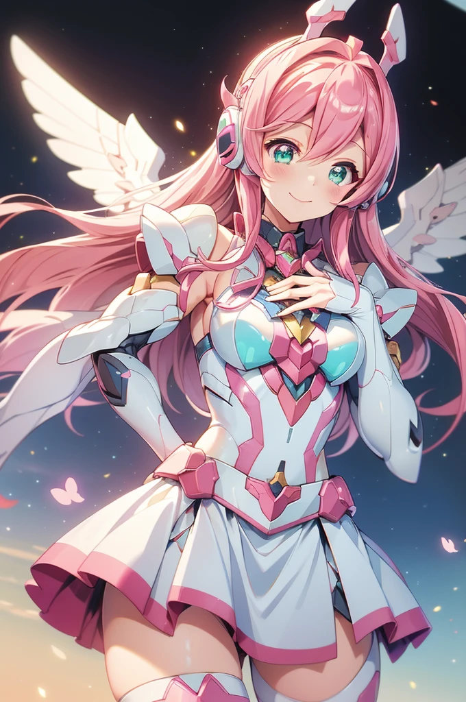  smiling、mecha wing、Thighs、tights、chest、Shiny pink hair、 1 girl、 solo girl 、 headphones、hand on chest、mecha girl、 white miniskirt 