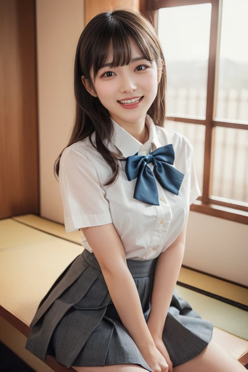 masterpiece, Highest quality, 8K, Young beautiful girl, Baby Face、Clothed Big Tits、((((((s old)))))),((Large Breasts:1.3)), photo shoot, Cute face, Embarrassing、smile、 makeup, Ten generations, Detailed face, Long Hair、Black Hair、Narrow waist,((school uniform、White shirt、Checkered mini skirt))、Black knee-high socks,