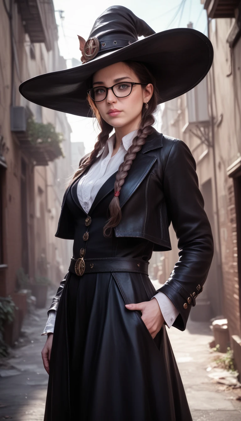 a beautiful woman with long braided hair, wearing a witch hat and glasses, with a busty figure, standing in a mysterious alley, (best quality,4k,8k,highres,masterpiece:1.2),ultra-detailed,(realistic,photorealistic,photo-realistic:1.37),detailed face, intricate details, dramatic lighting, moody atmosphere, dark fantasy, cinematic composition, rich colors,warm tones