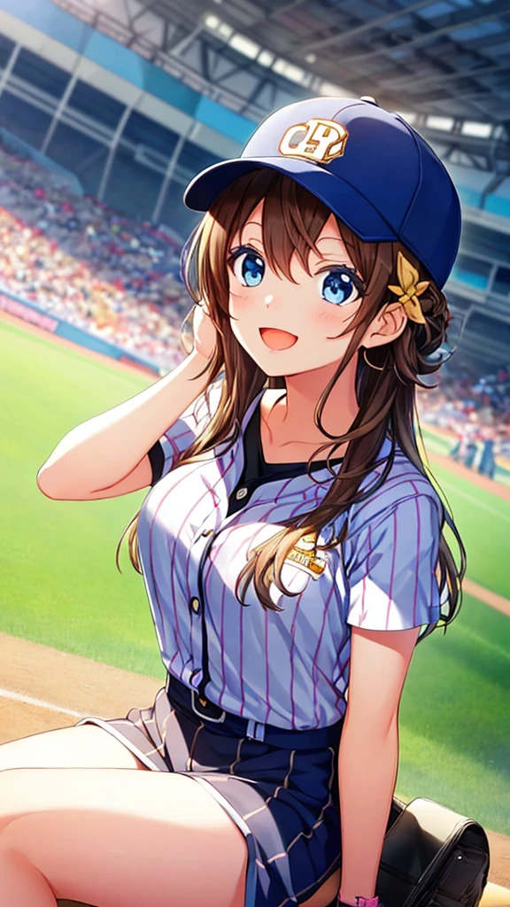 ((Best Quality)), ((masterpiece)), (  Details), Prompt in English:
“Create a close-up of a young, cute girl in a baseball stadium. She is sitting in the stands, slightly turning back toward the camera with a friendly smile, as if cheerfully watching a game. The girl is wearing a black baseball cap with yellow text on the front, a matching black shirt, and has short, straight hair peeking out from under the cap. The stadium background is illuminated with bright stadium lights, and there are seats filled with fans wearing blue in the distance. The atmosphere should feel lively and exciting, capturing the essence of a sunny day at a popular sports event. The girl’s expression is cheerful and inviting, with a hint of excitement. Use soft, warm lighting to accentuate her friendly facial features, and capture the details of her casual outfit and accessories. The camera angle is slightly above and to the left, making her look up towards the light with an energetic expression. Focus on bringing out the cuteness and youthful energy of the girl, with a vibrant and lively background.”