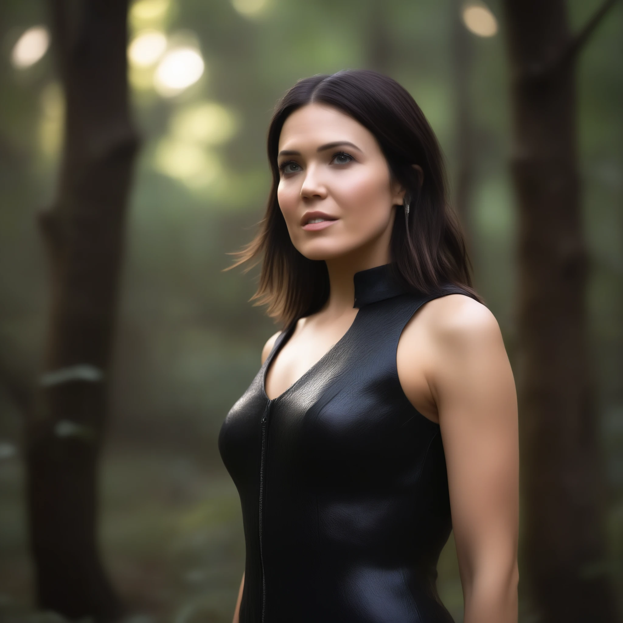 best quality, highres, 8k, masterpiece, photography, detailed midbody photorealistic portrait of Mandy Moore as Morrigan from Dragon Age, standing in a dimly lit forest clearing at dusk, her dark, layered hair framing her face in wild, loose waves. She wears a dark, sleeveless leather bodice with a high collar, paired with flowing, layered skirts and adorned with silver accents and raven feathers. Her piercing gaze is focused, casting an aura of mystery as she gathers herbs into a small satchel, blending into the shadowy, magical landscape. 40 years old, (real skin texture: 1.3), (slender figure: 1.1), six-pack abs, (Immersive Ambience, Chiaroscuro: 1.5, Dim Light: 1.2, Glow Lighting), (Bokeh: 1.5), Blurred, high contrast, (Fuji colours: 1.5), film grain