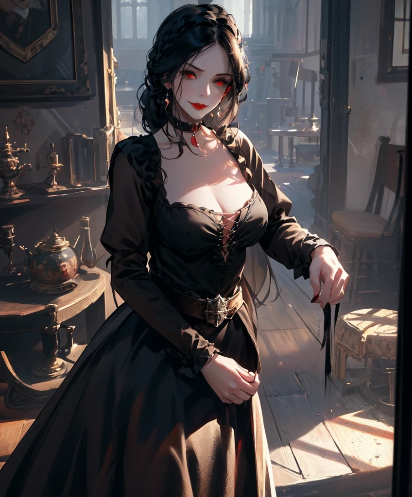 Realistic Portrait, Elegant mature woman, masterpiece, best quality, 1girl, Serana, red eyes, detailed eyes, perfect eyes, black hair, long hair, gothic black dress, red sleeves, cleavage cutout, black choker with ruby decoration, front view of the face, looking at viewer, portrait, glaring, red lips, parted lips, seductive smile, cheerful expression, hands down, shot from below, indoors, castle, front view, only upper body, up to waist, soft light, high detail, 4k resolution, high quality, beautiful CG