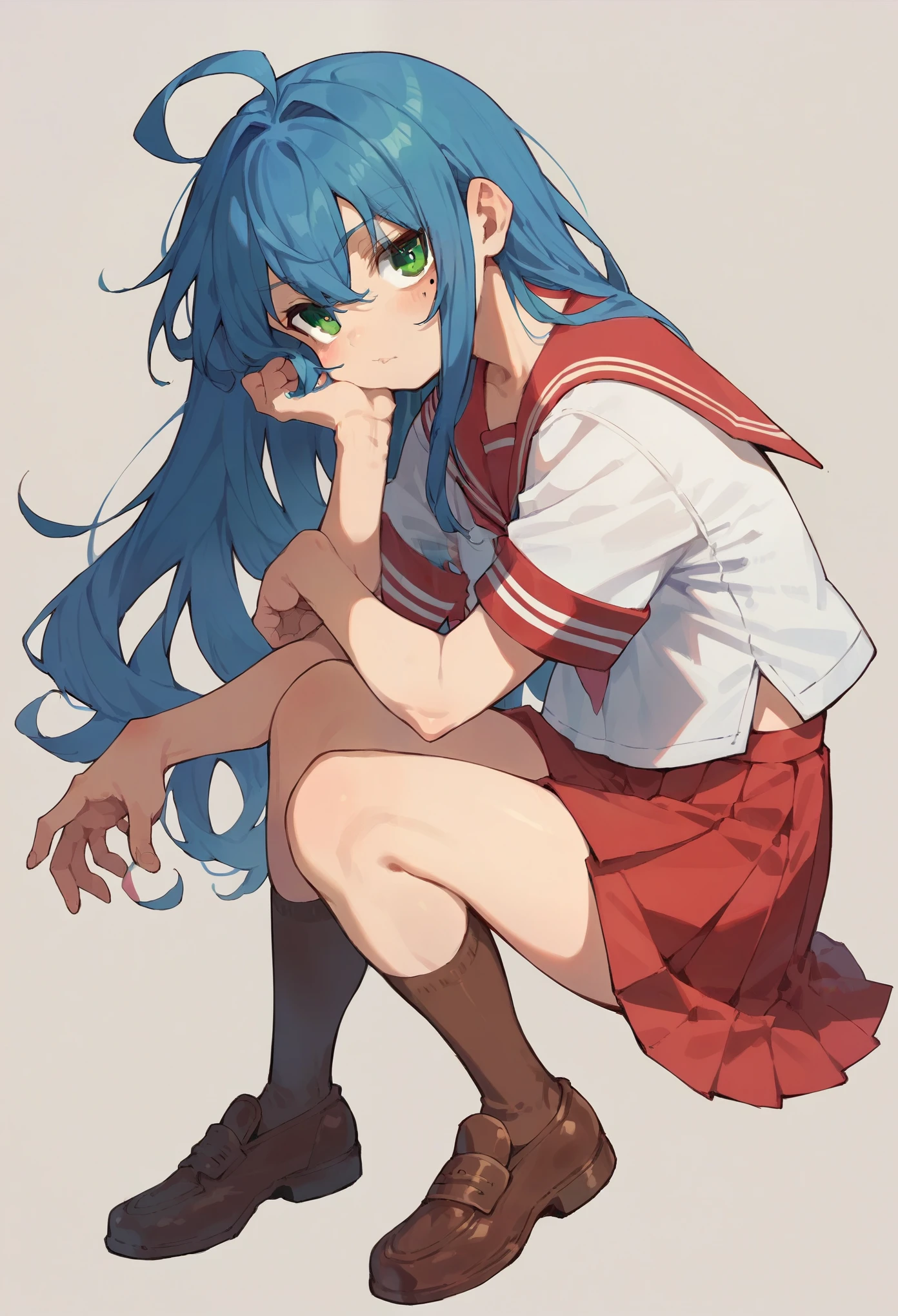 Konata Izumi, 1girl, solo, :3, long hair, ahoge, green eyes, mole, blue hair, serafuku, red skirt, red sailor collar, shoes, brown tighhighs, 