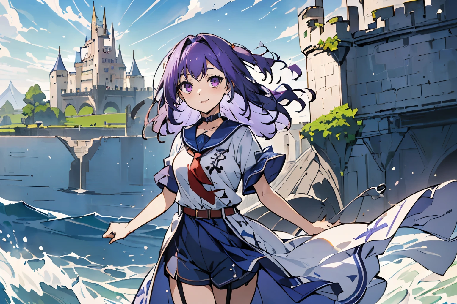 (masterpiece:1.2), (high quality:1.2), reo mikage, blue lock, girls with((((solo, 1 girls, (medium hair, right swept bangs, one side up:1.55), arms tattoo, choker, collar, collarbone, marine sailor uniform and white clothes + dragon print clothes + shorts + garter straps + long clothes + red tie + belt + short sleeves, purple eyes, purple hair, right swept bangs, smiling, opened mouth))), background with((camelot kingdom, castle, sky, sea, shining sunlight, august 12))