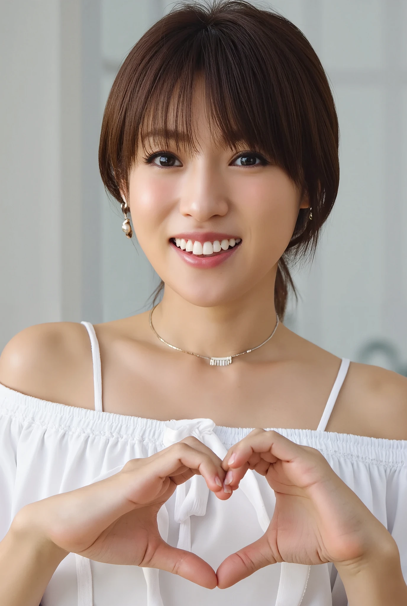 They are wearing off-shoulder pajamas, making a firm big heart shape with both hands, and holding them in front of their chest, View above collarbone、Throat up for a cute smile、Monotone background

