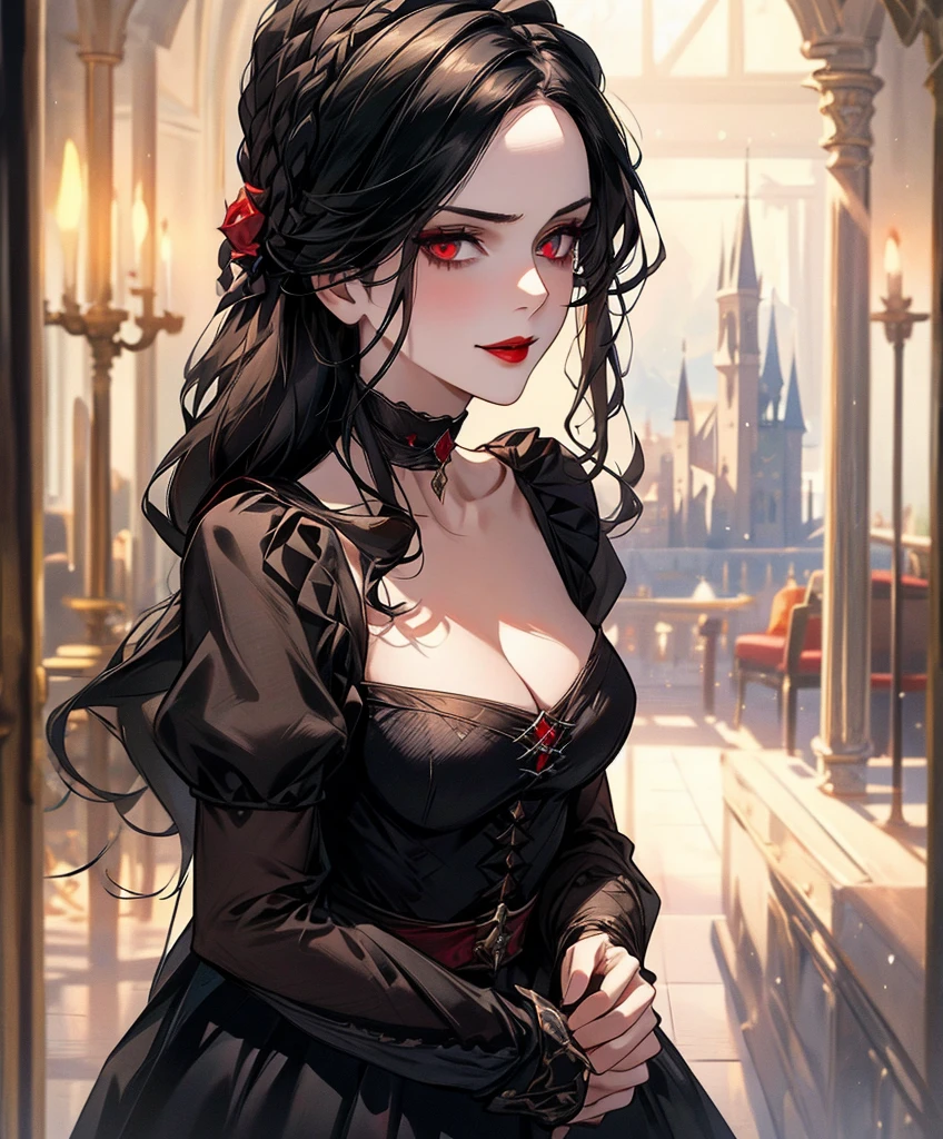whole body, Gothic red dress, (vampire teeth), (castle), absurdres, RAW photo, extremely delicate and beautiful, masterpiece, Best Quality, ultra high resolution, 32k, hyperrealistic, ultra-detailed, detailed description, pale skin, 20 years old, detailed beautiful face and eyes, tearful mole, earring, Colossal tits, short medium hair, wavy hair,