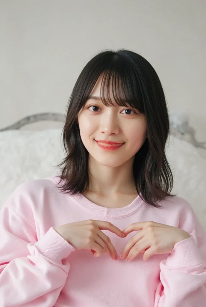 They are wearing off-shoulder pajamas, making a firm big heart shape with both hands, and holding them in front of their chest, View above collarbone、Throat up for a cute smile、Monotone background

