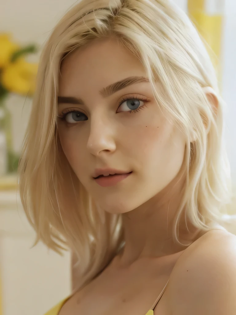 1girl in, age21, Eva Elfie, photo of perfect woman, close up, portrait, looking straight at camera, 5'3", Solo, Aesthetic artwork, (blond, straight blonde hair, shoulder length blond hair:1.25), (clear skin, pale skin, medium breasts, C-cup, runners body, thin hips thin waist, skinny, detailed skin texture), (blank background, plain background, blank wall, (wearing an Lemmon yellow colored bikini top, A Lemmon yellow swim suit, floral pattern bikini top), (extremely detailed 8k wallpaper), soft lighting, high quality, film grain, Fujifilm XT3 sharp focus, f 5.6, 50mm, High Detail, Sharp focus,(natural light), crazy details, complex details, hyper detailed