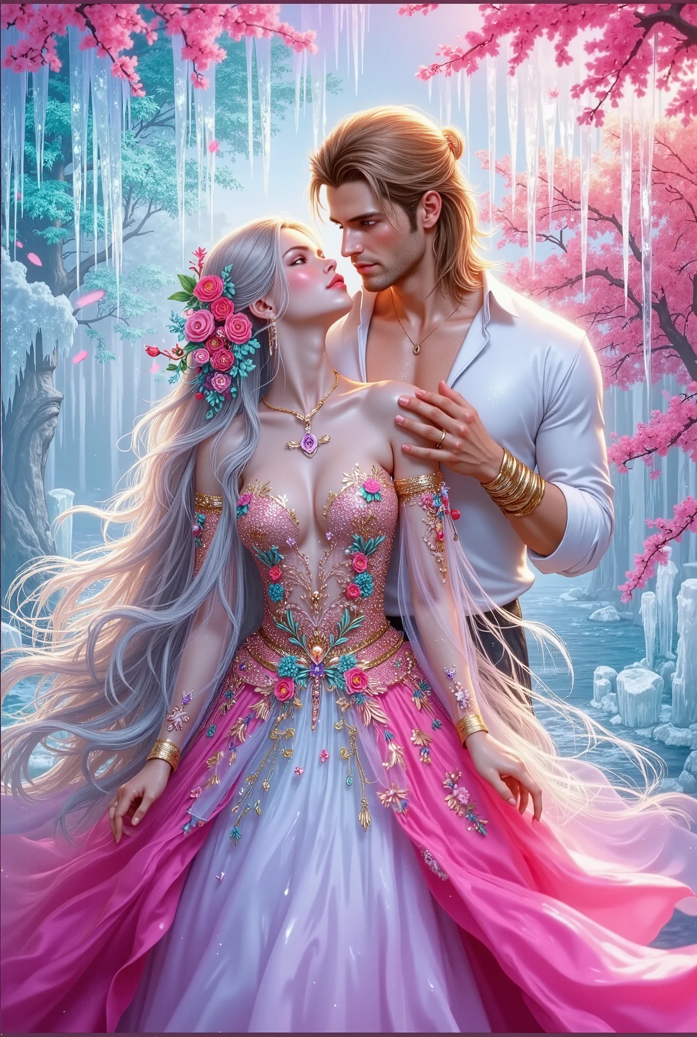 extremally detailed glossing Digitalhyperealistic illustration a brutal handsome warrior of 30 years old stands behind a beautiful girl,greedily touches her cheeks with his lips,looks at the girl in love,a white shirt for a man, a bright dress for a girl,an icy ballroom on the back and blooming pink-magenta sakura, a miracle.emotions. dress.very long hairs.vibrant WHITE-AZURE-RED-MINT COLORS.textural,bright,glitter of gold and glass,highlights,detailed hands, fingers,silk hair,correct proportions anatomy,3D japan aquarelle,oldenglandcity,asian anime fantasy,asian faces.poetically.renaissanse art.fantastic luminance back