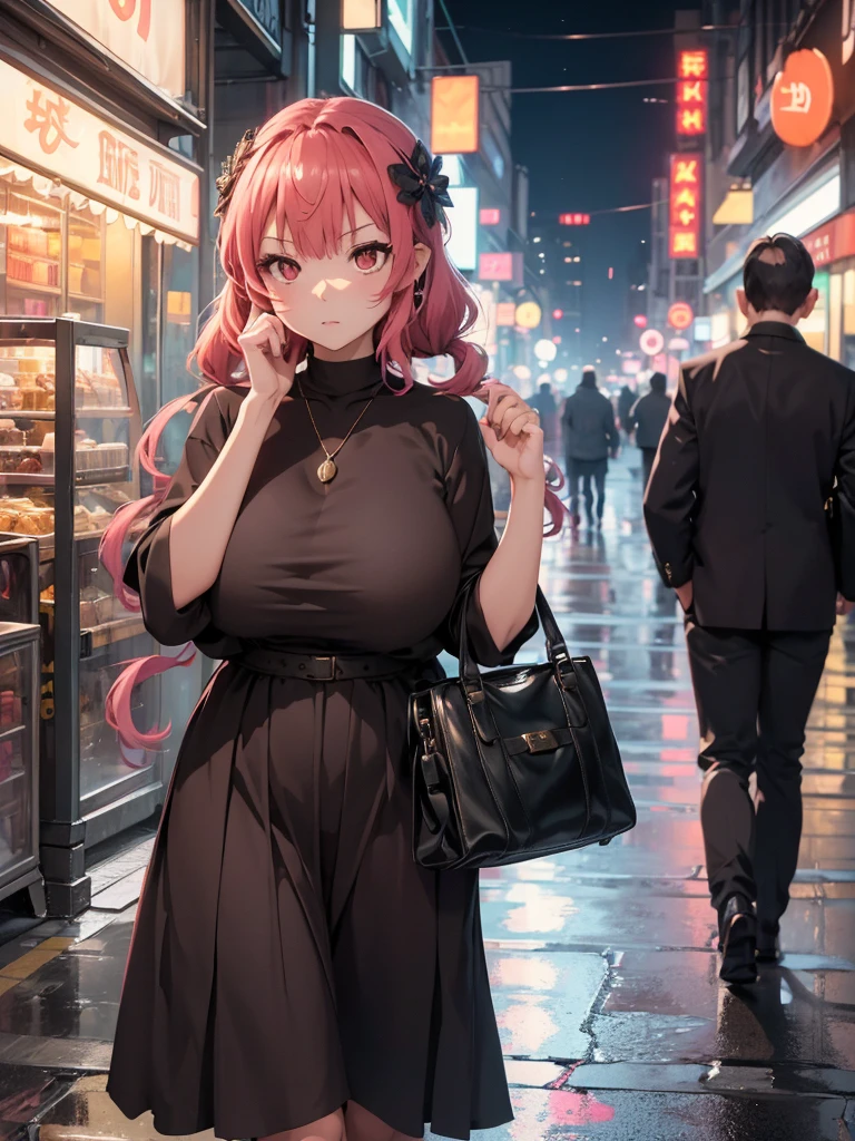 (​masterpiece、top-quality、hight resolution、Unity 8k、extremely details CG:1,Best Picture), ilulu, "A street scene at night with a female escort waiting for customers, slightly surprised as a potential client approaches her first. The woman, dressed modestly for a night in the city with minimal skin exposure, holds a small handbag in one hand. Her expression shows surprise and a hint of confusion, as if caught off guard by the attention. The background is a dimly lit urban street with neon signs and shadows, giving a subtle hint of nightlife without being overly flashy."