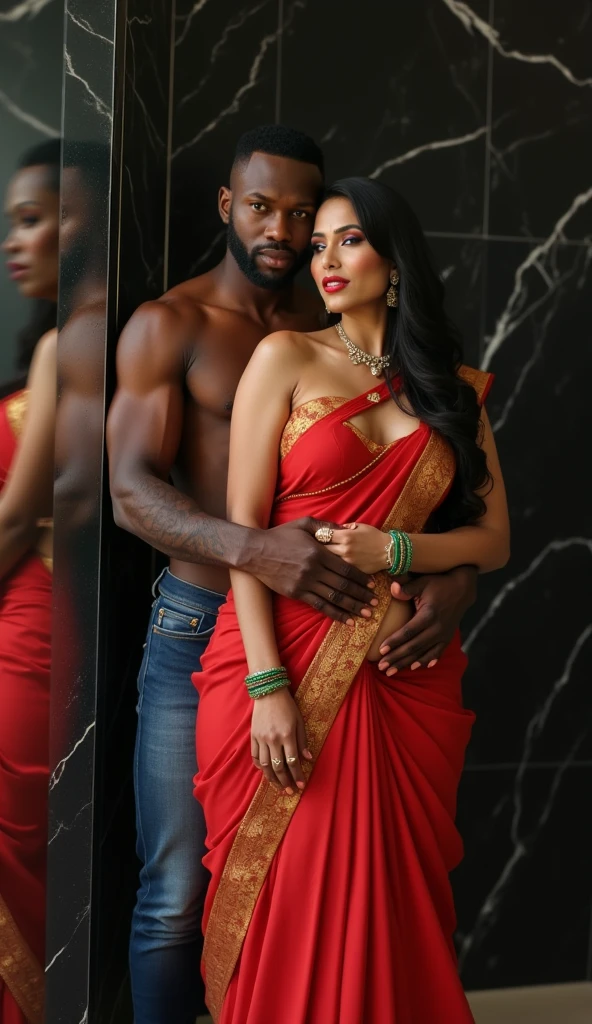 Newly wed indian couple, hot curvy south indian thick milf with black twisted bun hairstyle, big breast, big hip, big ass, thick thighs, woman wearing silky saree, indian couple, very short indian brown man with buzz cut, very big muscular body and beard, man wearing shorts, woman with man, couple in a big bedroom, high resolution, looking at camera, tall woman and short man, close-up potrait, Closed Mouth, man pulling woman hair, serious face