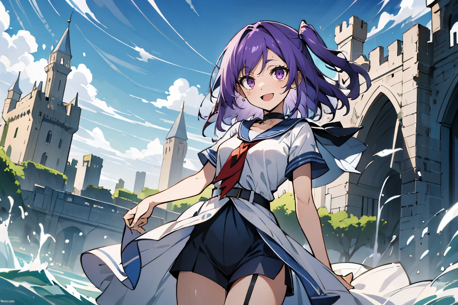 (masterpiece:1.2), (high quality:1.2), reo mikage, blue lock, girls with((((solo, 1 girls, (medium hair, right swept bangs, one side up:1.55), arms tattoo, choker, collar, collarbone, marine sailor uniform and white clothes + dragon print clothes + shorts + garter straps + long clothes + red tie + belt + short sleeves, purple eyes, purple hair, right swept bangs, smiling, opened mouth))), background with((camelot kingdom, castle, sky, sea, shining sunlight, august 12))