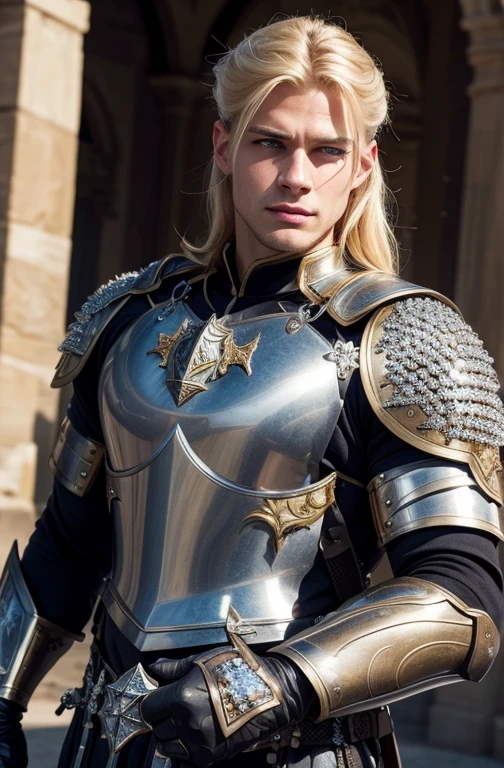 Best Quality,masterpiece,In front of the Citadel Gate ,A man in his 20s with blond hair,Slim and muscular, Armor and Crystal Sword studded with fine crystals, Crystal Shield and Crystal Crown ,accurate, realism