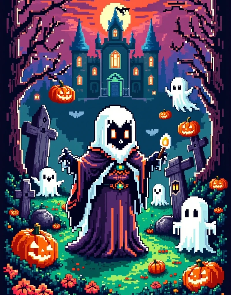 Retro Pixel Games ，Halloween Night，(Gothic, cute, castle, Atmosphere, Weird, suspense,  Ghost Bride ,  Skeleton Bride , Super cute ,  Giant Ghost , Will-O-Wisp, Smoky)，(pixel style)，Food sculptures ，Unique shape，Colorful，Bright colors， Standing on a high-end transparent jade plate ， A spooky cemetery ，Detailed depiction， Advanced filters ， octane rendering ， High Saturation Color ， Ethereal and weird background ，Cover Art， Gorgeous Pixel Art ， Magical fantasy art ，Halloween elements，Red and white machine，8-bit pixels， pixel style 