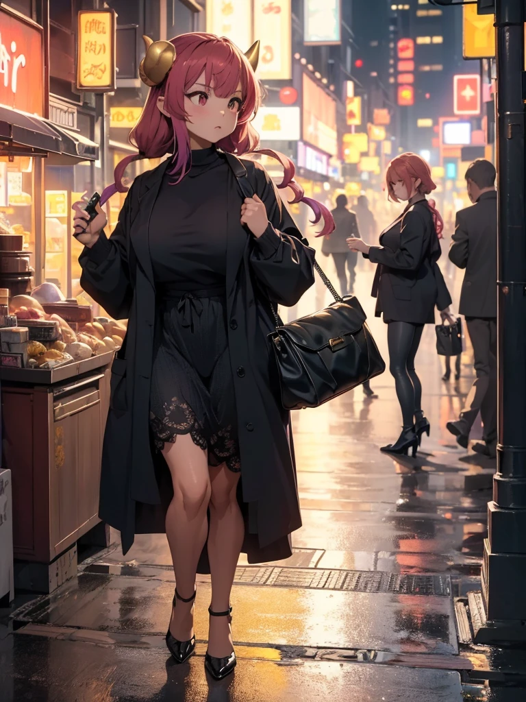 (​masterpiece、top-quality、hight resolution、Unity 8k、extremely details CG:1,Best Picture), ilulu, horn, "A street scene at night with a female escort waiting for customers, slightly surprised as a potential client approaches her first. The woman, dressed modestly for a night in the city with minimal skin exposure, holds a small handbag in one hand. Her expression shows surprise and a hint of confusion, as if caught off guard by the attention. The background is a dimly lit urban street with neon signs and shadows, giving a subtle hint of nightlife without being overly flashy."