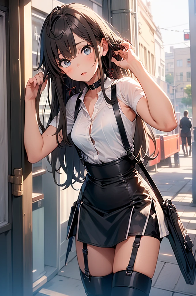 Brown hair、watching at viewers　　　black suspenders　　　Bulging big breasts　　 　 　　　walls: 　Black miniskirt　garters　　　　　　Gaze　　　Small face　bangss 　　　holster　　　Beautuful Women　　hands up　　レッグholster ベッドに横たわる　　Gaze 　black boots panty shot　provocation　flank　flank汗　soio 　arm
