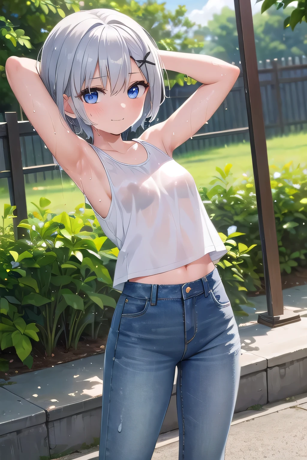 masterpiece,best quality,ultra detail,1girl, ,petismile happy,flower garden,sunshine,cloud, short hair, blue eyes, silver hair, hair ornament, x hair ornament,Raise your arms and behind your head,White teeth, white tank tops, white crop tops, jeans, jean pants, Drenched in sweat, wet cloths, wetting self, (wet clothes:1.7), legs full stretched out, straighten legs wide