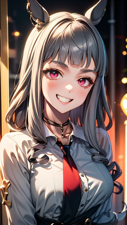 (masterpiece, best quality, very aesthetic, ultra detailed), intricate details,
1girl, kitagawa marin, sono bisque doll wa koi wo suru, silver hair, red eyes, ear piercing, barbell piercing, black choker, collared shirt, white shirt, earrings, blue necktie, grin, arm up, v, looking at viewer, upper body,blue sky,green ground