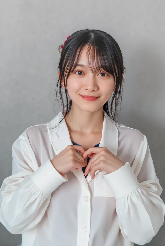 They are wearing off-shoulder pajamas, making a firm big heart shape with both hands, and holding them in front of their chest, View above collarbone、Throat up for a cute smile、Monotone background

