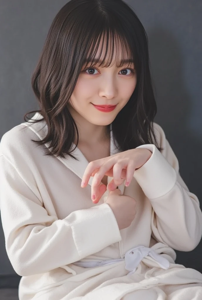 They are wearing off-shoulder pajamas, making a firm big heart shape with both hands, and holding them in front of their chest, View above collarbone、Throat up for a cute smile、Monotone background

