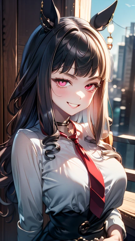 (masterpiece, best quality, very aesthetic, ultra detailed), intricate details,
1girl, kitagawa marin, sono bisque doll wa koi wo suru, silver hair, red eyes, ear piercing, barbell piercing, black choker, collared shirt, white shirt, earrings, blue necktie, grin, arm up, v, looking at viewer, upper body,blue sky,green ground