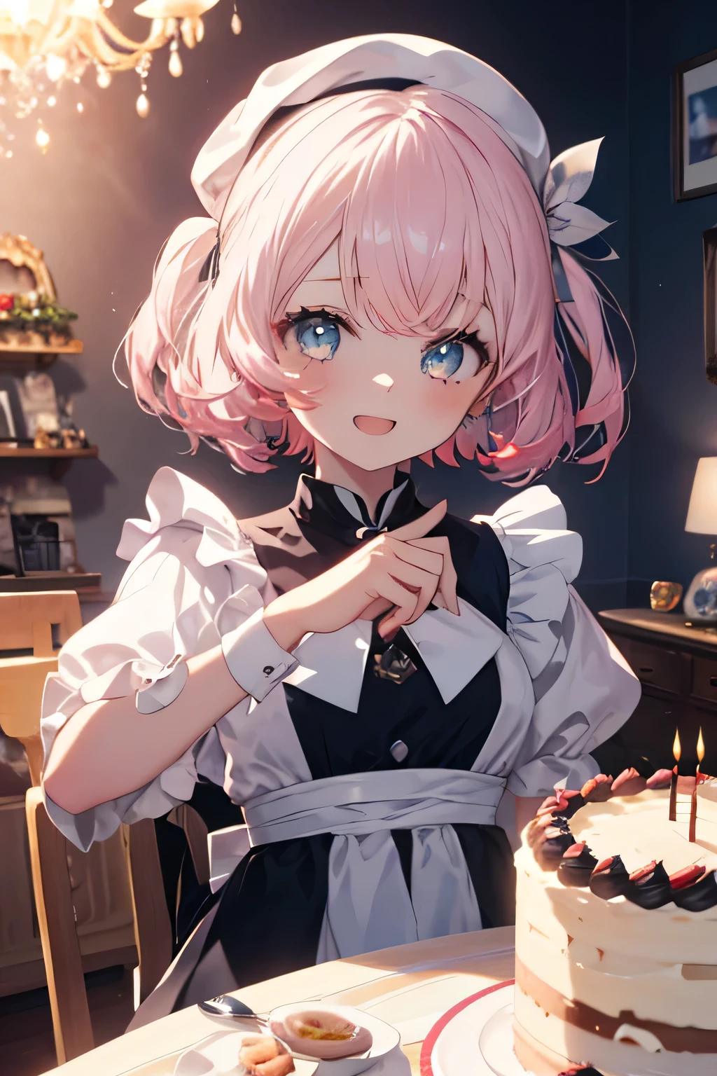 Maid without a headdress girl, fondo room,  floating with joy, Background house (room), complete anatomy, 3D,  ornament of an accessory shaped like a flower on the head, aura, graphic effects, first person, white beret, Otaku birthday cake(Laby-themed decor), Christmas ornaments , Recite happy birthday