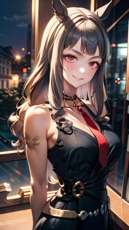 (masterpiece, best quality, very aesthetic, ultra detailed), intricate details,
1girl, kitagawa marin, sono bisque doll wa koi wo suru, silver hair, red eyes, ear piercing, barbell piercing, black choker, collared shirt, white shirt, earrings, blue necktie, grin, arm up, v, looking at viewer, upper body,blue sky,green ground,gold ship,umamusume,shape face