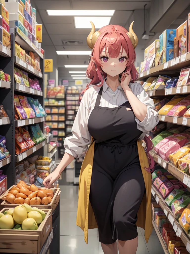 (​masterpiece、top-quality、hight resolution、Unity 8k、extremely details CG:1,Best Picture), ilulu, horn, "A woman standing at the checkout counter, waiting for her items to be scanned and paid. She has placed her items on the counter and is patiently looking at the cashier (viewer’s perspective as if they are the cashier). She appears relaxed and casual, dressed in everyday attire with empty hands resting at her sides or casually clasped. The background includes subtle details of a store interior, like shelves or signs, but the focus is on the interaction between the cashier and the customer."