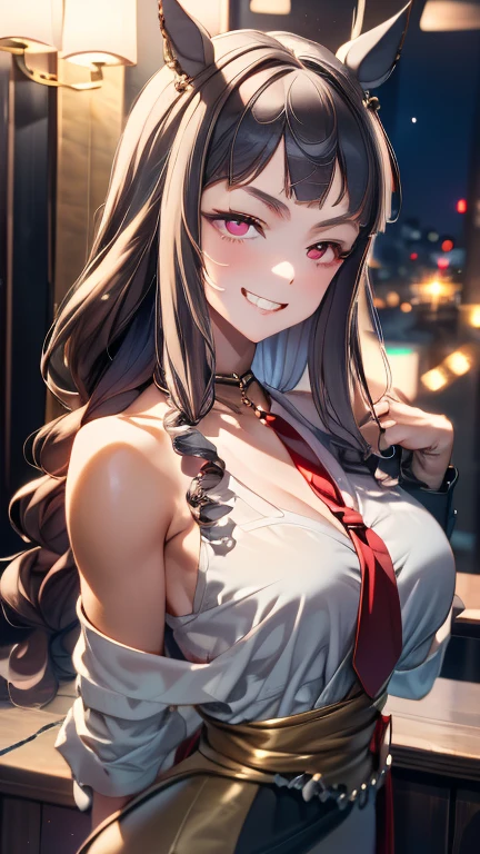 (masterpiece, best quality, very aesthetic, ultra detailed), intricate details,
1girl, kitagawa marin, sono bisque doll wa koi wo suru, silver hair, red eyes, ear piercing, barbell piercing, black choker, collared shirt, white shirt, earrings, blue necktie, grin, arm up, v, looking at viewer, upper body,gold ship,umamusume,shape face