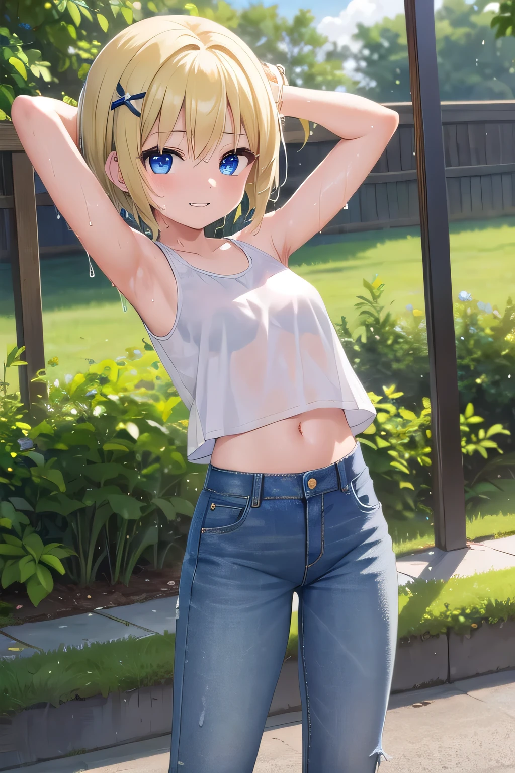 masterpiece,best quality,ultra detail,1girl, ****,petite,smile happy,flower garden,sunshine,cloud, short hair, blue eyes, yellow hair, hair ornament, x hair ornament,Raise your arms and behind your head,White teeth, white tank tops, white crop tops, jeans, jean pants, Drenched in sweat, wet cloths, wetting self, (wet clothes:1.7), legs full stretched out