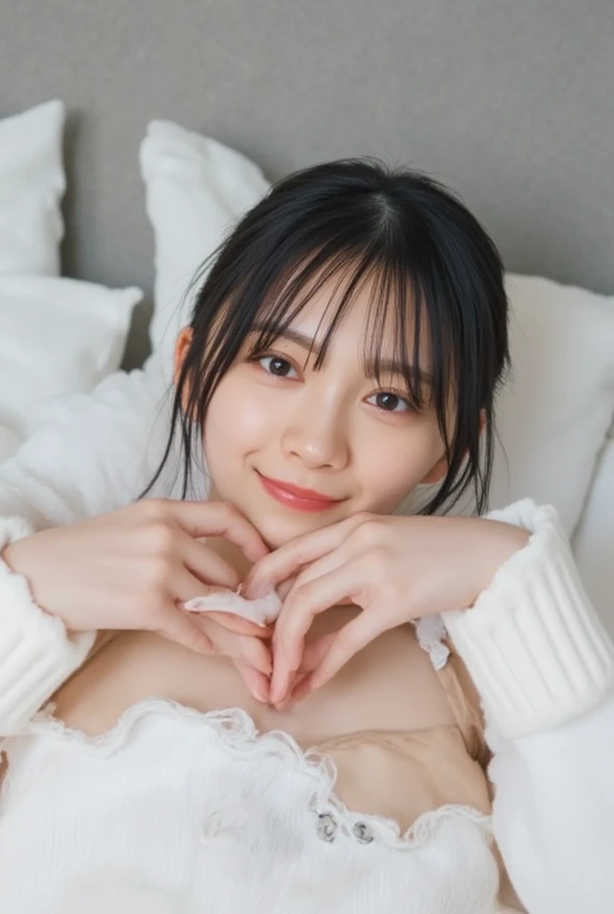 They are wearing off-shoulder pajamas, making a firm big heart shape with both hands, and holding them in front of their chest, View above collarbone、Throat up for a cute smile、Monotone background

