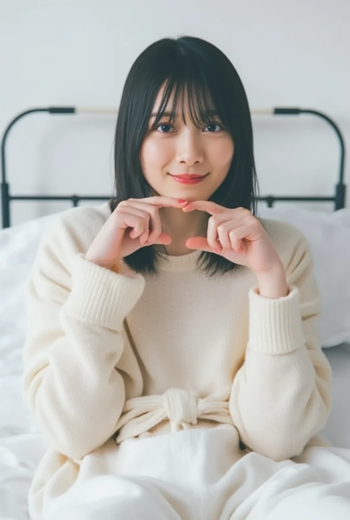 They are wearing off-shoulder pajamas, making a firm big heart shape with both hands, and holding them in front of their chest, View above collarbone、Throat up for a cute smile、Monotone background

