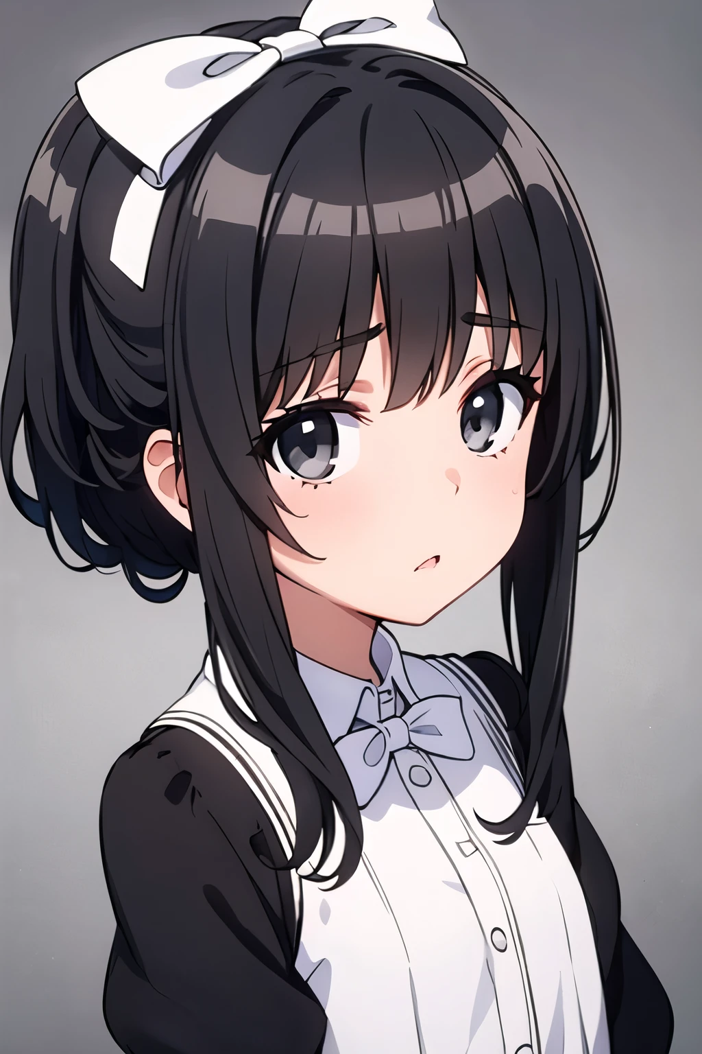 Dark black haired girl, Shiny, White, light gray eyes, , cute little, Tie a white bow, White bow on her hair