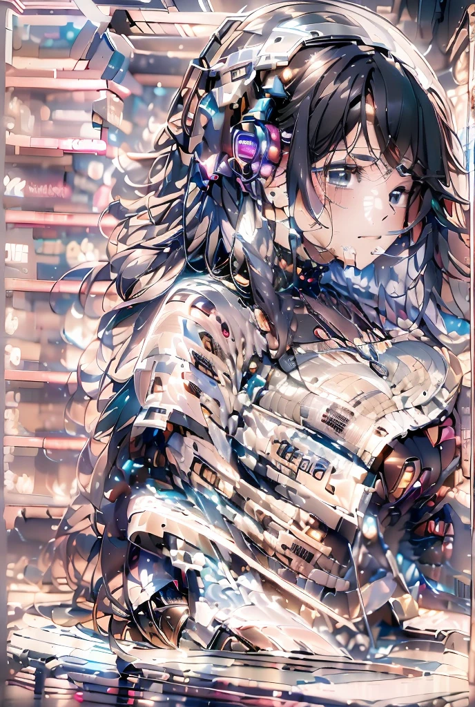 Woman, Beauty, anime, anime girl, back hair, ciberpunk, distopia, gore, android, torture,extasis face, black hair, android, angel, heaven, iridescent, sexy body, nude