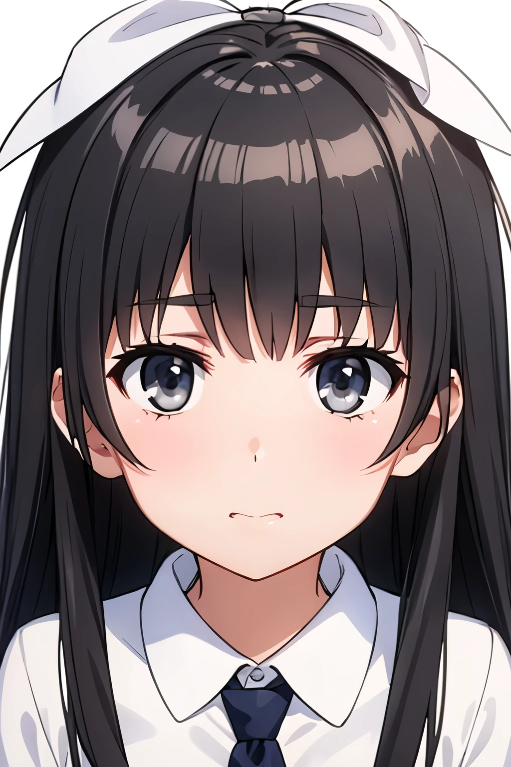 Dark black haired girl, Shiny, White, light gray eyes, , cute little, Tie a white bow, White bow on her hair