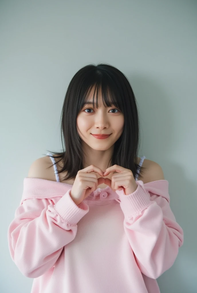 They are wearing off-shoulder pajamas, making a firm big heart shape with both hands, and holding them in front of their chest, View above collarbone、Throat up for a cute smile、Monotone background

