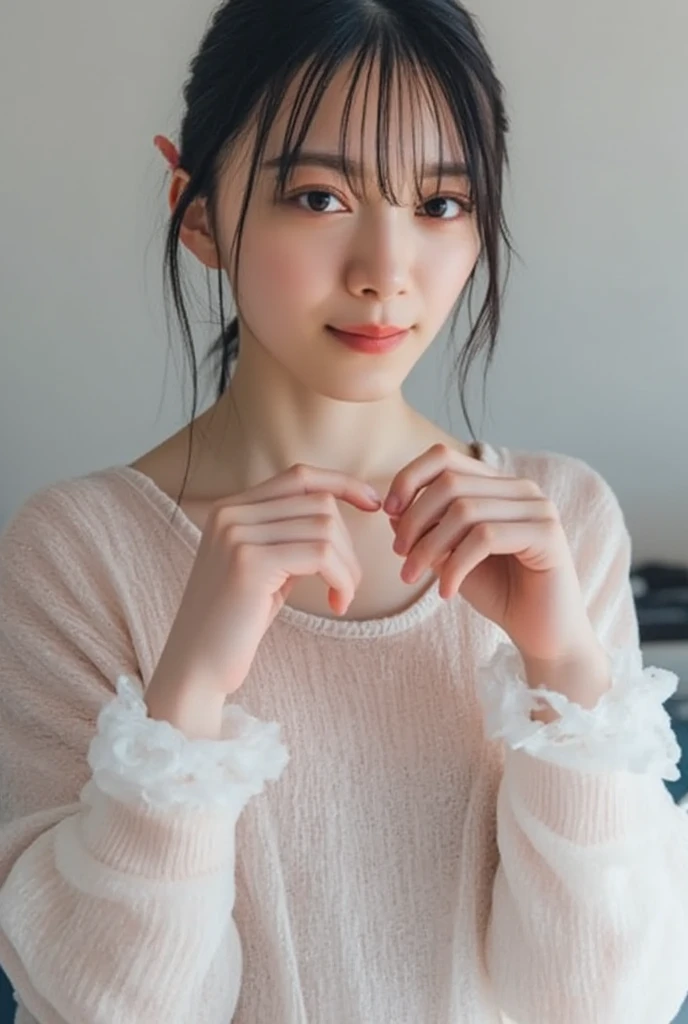 They are wearing off-shoulder pajamas, making a firm big heart shape with both hands, and holding them in front of their chest, View above collarbone、Throat up for a cute smile、Monotone background

