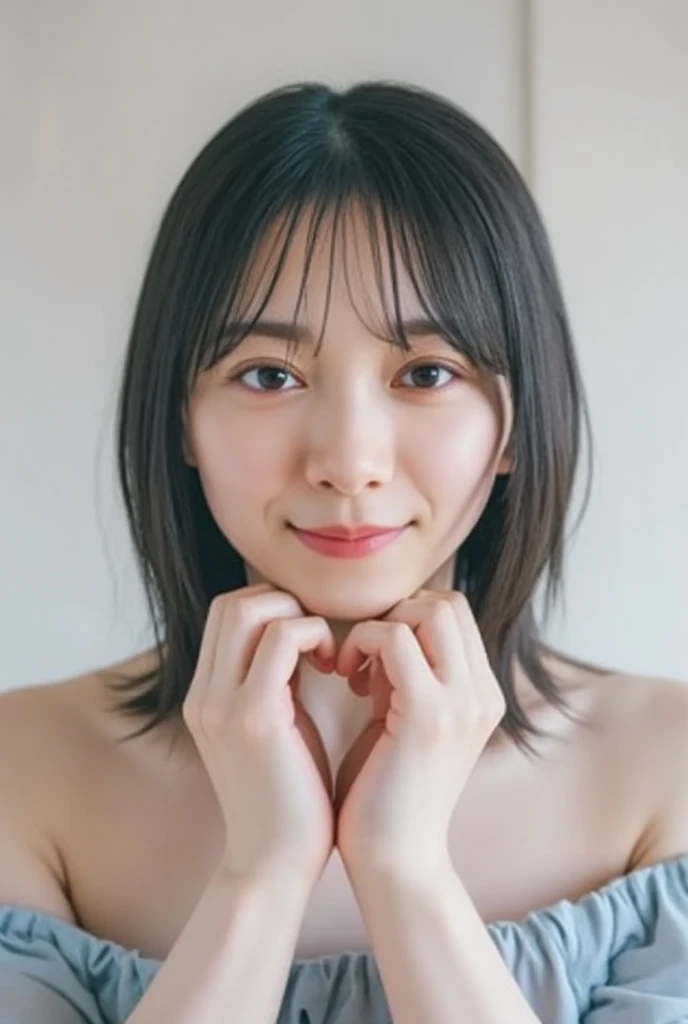 They are wearing off-shoulder pajamas, making a firm big heart shape with both hands, and holding them in front of their chest, View above collarbone、Throat up for a cute smile、Monotone background

