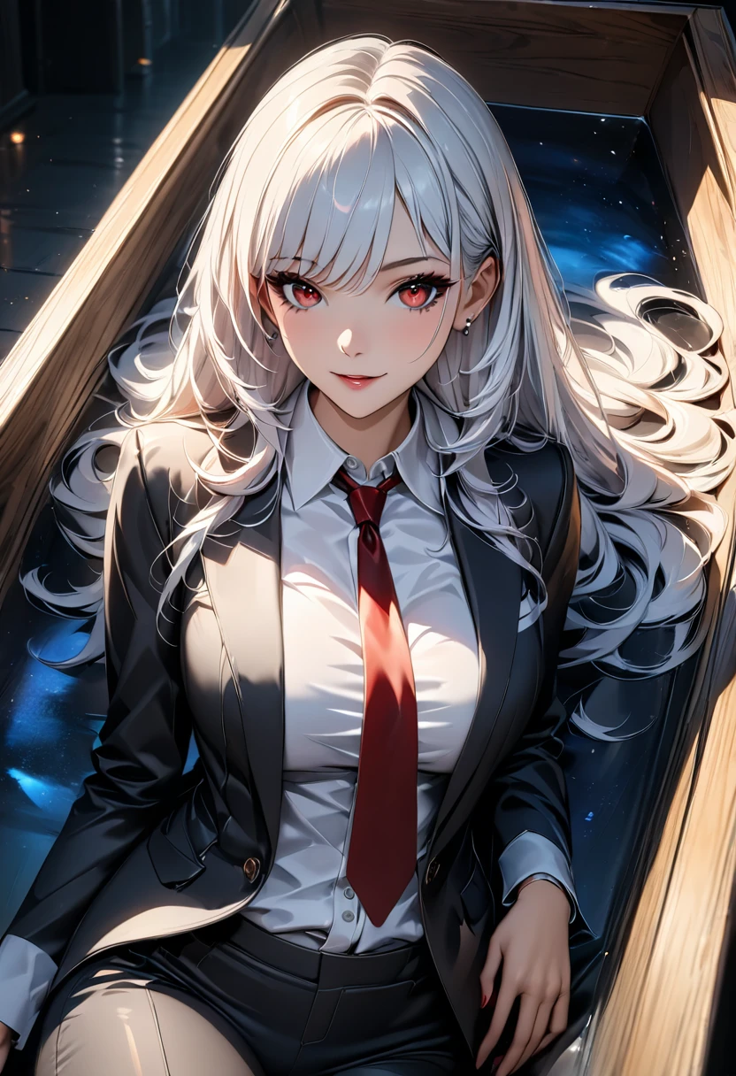 a mature vampire woman with big red eyes, white long hair, beautiful detailed face, laying down in a coffin, simple pose, attractive figure, shot straight. detailed outfit, white shirt, tight black suit, tie, tight black pants, (best quality,4k,8k,highres,masterpiece:1.2),ultra-detailed,HDR,UHD,studio lighting,ultra-fine painting,sharp focus,physically-based rendering,extreme detail description,professional,vivid colors,bokeh,dark fantasy,horror,chiaroscuro,dramatic lighting
