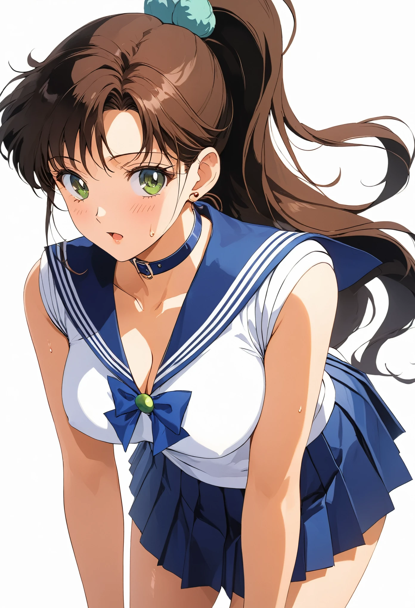 masterpiece, Best Quality, High resolution,16k,official art,super detailed skin,detailed,animated painting,(Makoto Kino),1990s \(style\),(E-cup beautiful breasts)、 (tall:1.2),height: 175cm,Fashion model body type、Sexy long legs, Brown long hair,ponytail、 sexyな長い脚, (sailor costume,blue collar,blue skirt,blue ribon:1.5),green Scrunchie,green eyes,Sweating all over the body、Muscular、1girl,solo,nsfw,(Ahegao:1.2),(surprise:1.5),blush,(vulgarity:1.2)、Anime-style painting style,Close up on upper body,Cinematic lighting,Superfine,magnificent view、Seductively Posing,dynamic angle,closeup,white background
