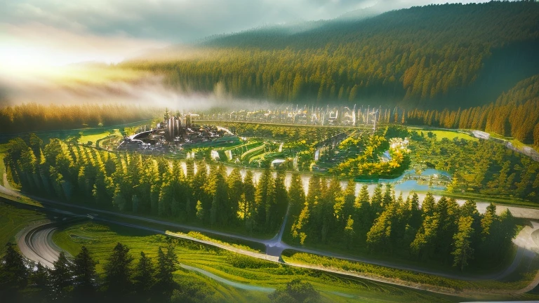 there is a 3d image of a building with a lot of trees, close establishing shot, wide establishing shot, building along a river, concept image, conceptual rendering, zoomed out view, digital render, fully detailed render, rendering of log pile factory, vue 3d render, rendering, artist impression, conceptual, a digital rendering, with vegetation