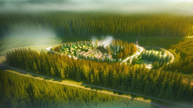 there is a 3d image of a building with a lot of trees, close establishing shot, wide establishing shot, building along a river, concept image, conceptual rendering, zoomed out view, digital render, fully detailed render, rendering of log pile factory, vue 3d render, rendering, artist impression, conceptual, a digital rendering, with vegetation