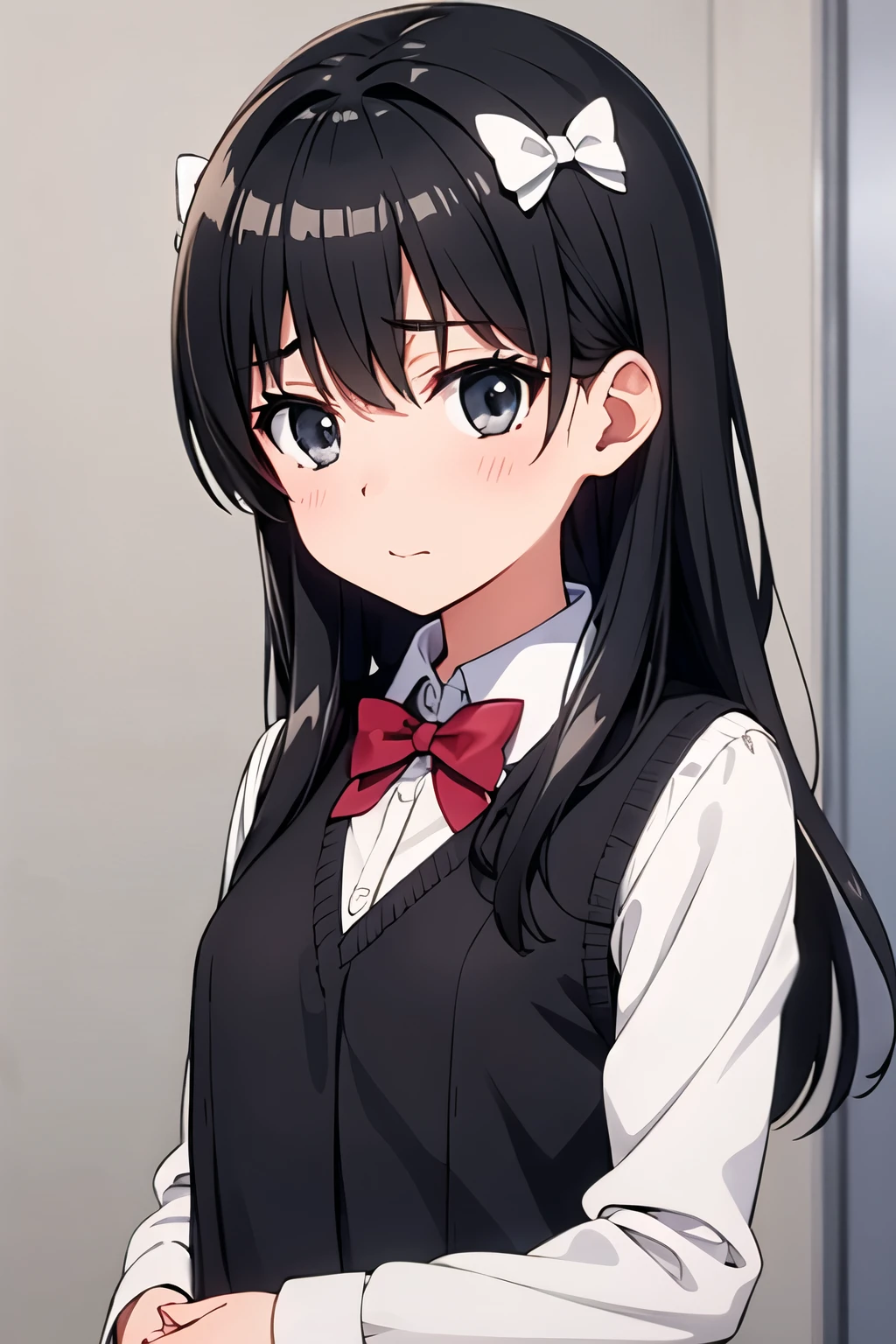 Dark black haired girl, Shiny, White, light gray eyes, , cute little, Tie a white bow, White bow on her hair