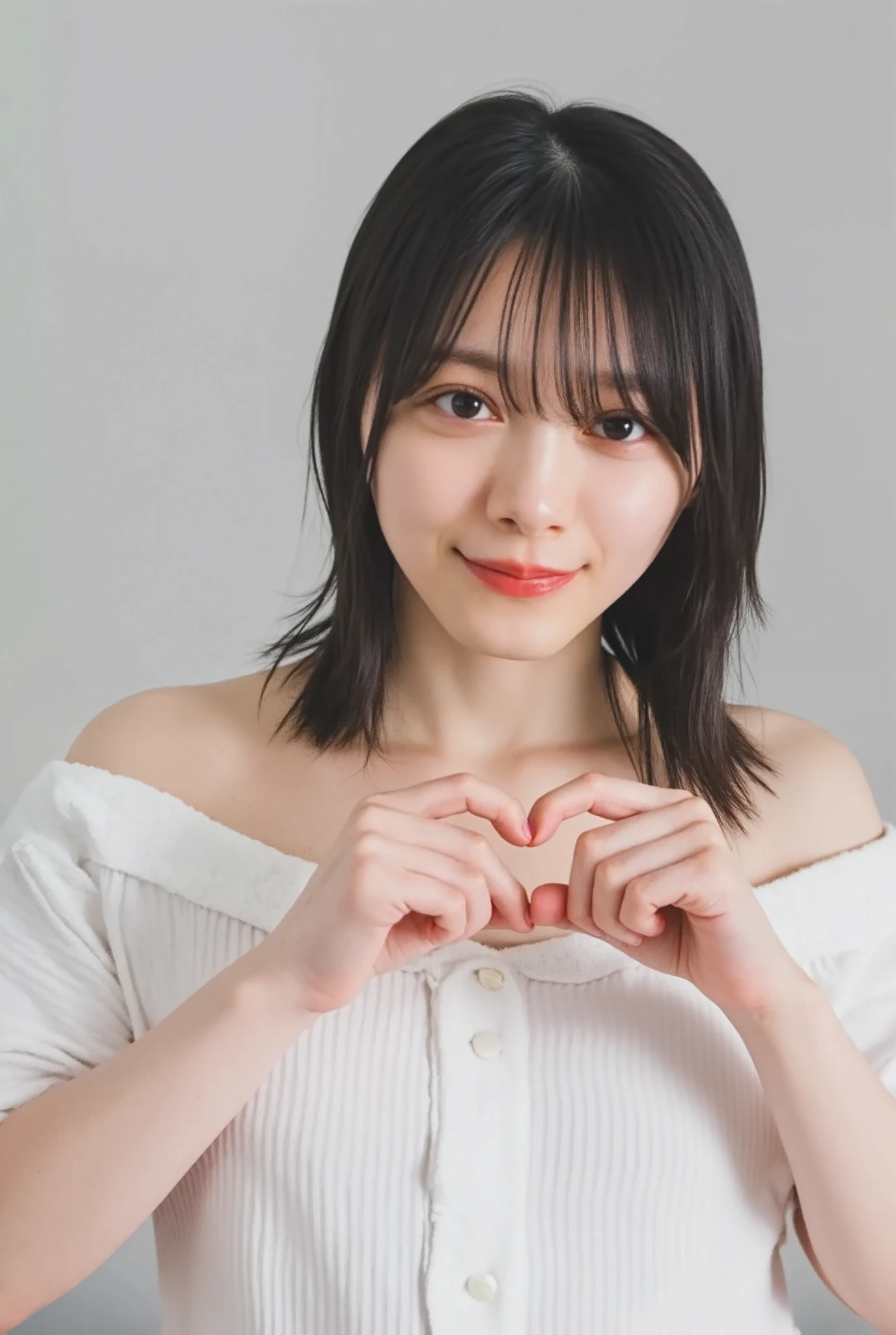 They are wearing off-shoulder pajamas, making a firm big heart shape with both hands, and holding them in front of their chest, View above collarbone、Throat up for a cute smile、Monotone background

