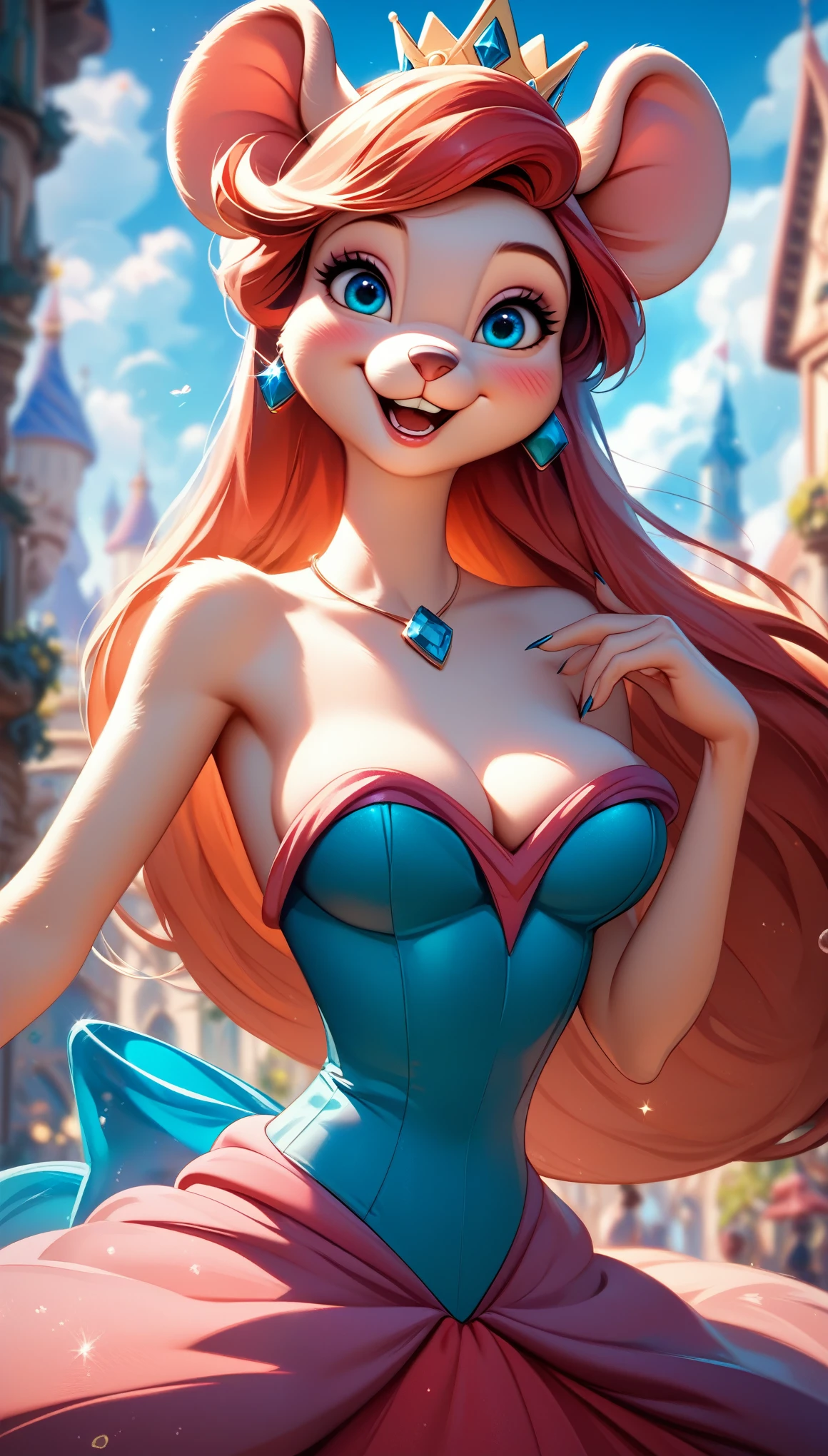 A 2d disney type animal furry beautiful, (masterpiece), high quality, perfect lighting, highly detailed CG Unity 8k wallpaper, high resolution, perfect lighting, youthful, slim but big , frail slendegure, distinctly feminine figure, mouse fluffy ears, narrow hips, big plump breasts, close-up shot, detailed face, youthful, tall, slim, anthropomorphic fox with ears, happy facial, distinctly feminine figure, thick, fuzzy, fluffy, fallen, perfect pose, embarrassed, nip slip, dominated, blushing, wearing cutting-edge biotech dress, background disney building , simple blackground, feeling of innovation and artistry, big , sharp blue eye, pink blush on cheeks, most gorgeous, long hair like Disney Queen, she wearing crown, she also wearing ariel, Disney Queen dress aroura, large hanging , whole body shot, wearing blue necklace diamonds with,