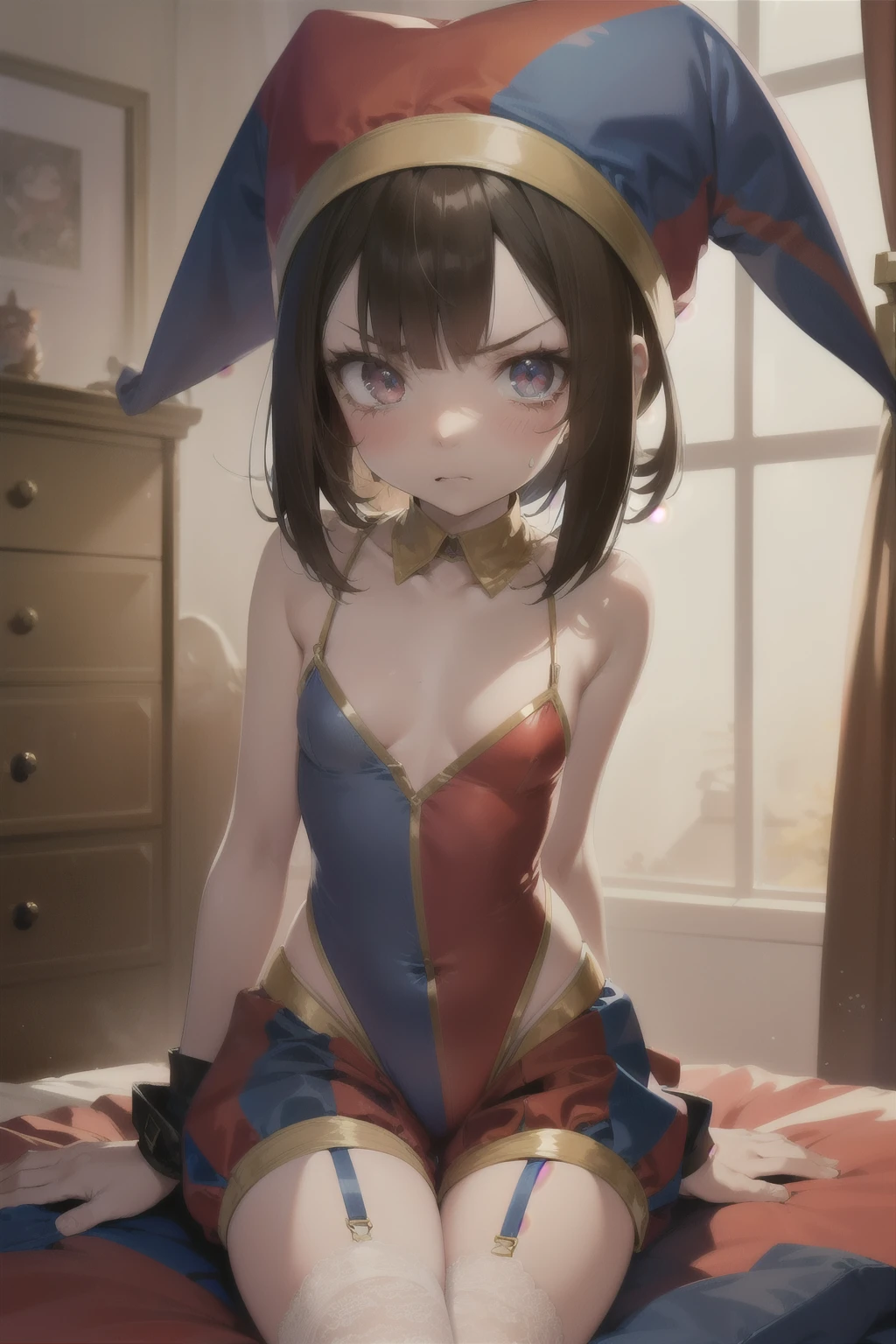 Anime style, pomni, hair , hat ,shi body ,  angry face , blush,  flat chest ,  top ,umbigo ,pomni 
 red and blue  clothes , leotard style  ,garterbelt , lace stockings. Bedroom. 