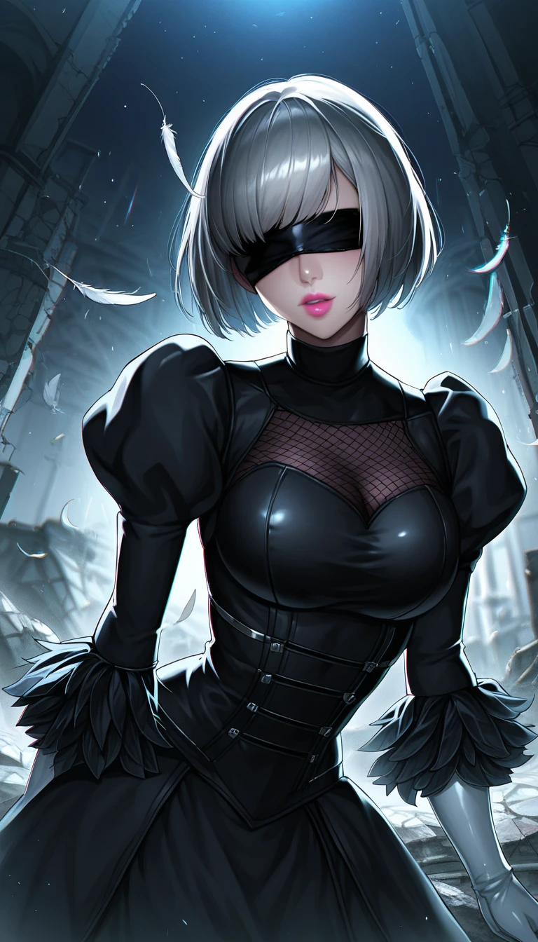 score_9, score_8_up, score_7_up, 32k,masterpiece, highest quality, photo realistic, vibrant colors, chiaroscuro lighting,
2B Nier Automata, 
bob cut, gray hair, bangs, blindfold, pink lips,
black goth dress, long sleeve, Juliet sleeve, white gloves, turtleneck, feather ornament, feather ornament sleeves,
ruins, a ruined world, a devastated battlefield, picturesque, beautiful scenery, fantastic night sky
seductive pose, cinematic angle,